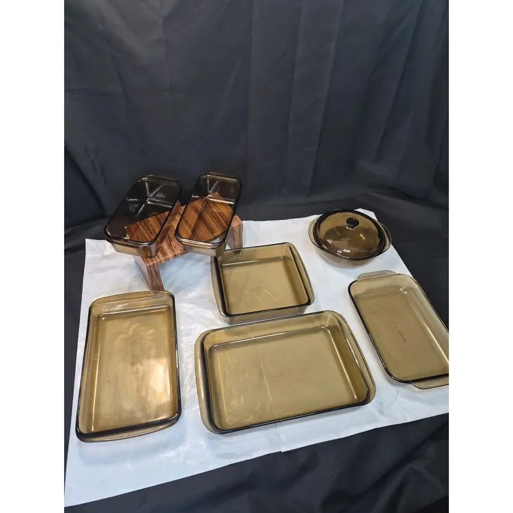 Pyrex 8 Piece Harvest Amber Brown Baking Dishes Oven Cookery Set Vintage